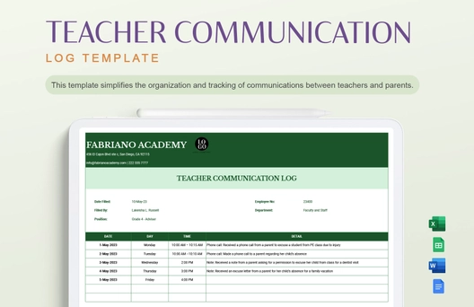 Teacher Communication Log Template