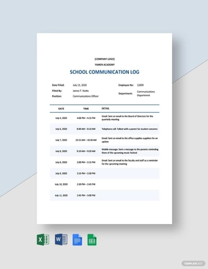 School Communication Log Template