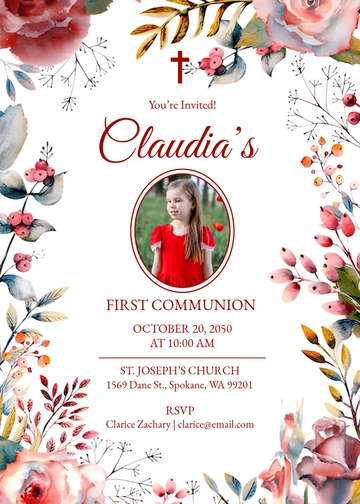 Floral First Communion Invitation Template - Edit Online & Download