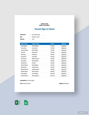 Parent Sign-in Sheet Template Parent Sign-in Sheet Template
