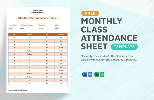 Monthly Class Attendance Sheet Template
