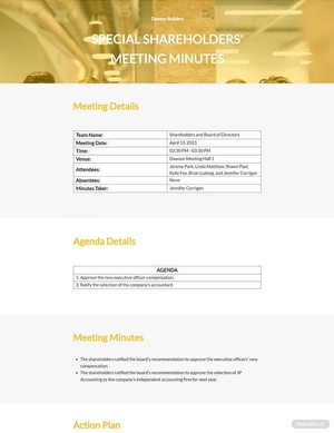 Minutes Of Special Meeting Of Shareholders Template