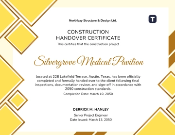Yellow Construction Handover Certificate Template - Edit Online & Download