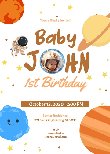 White 1st Birthday Space Invitation Template - Edit Online & Download