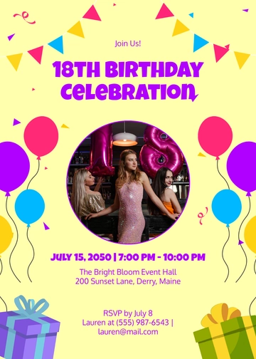 Colorful 18th Birthday Surprise Party Invitation Template - Edit Online & Download