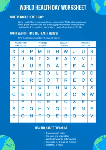 World Health Day Worksheet Template - Edit Online & Download