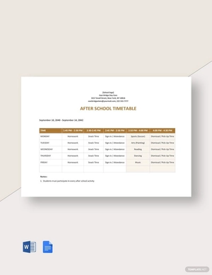 After School Timetable Template