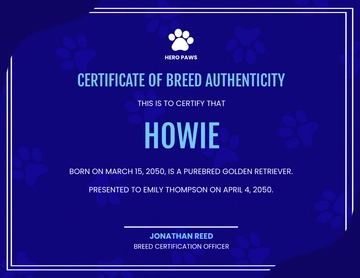 Dark Blue Dog Breed Certificate Template - Edit Online & Download