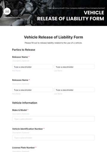 Vehicle Release of Liability Form Template - Edit Online & Download
