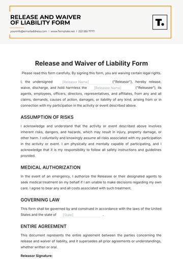 Release and Waiver of Liability Form Template - Edit Online & Download