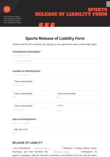 Sports Release of Liability Form Template - Edit Online & Download