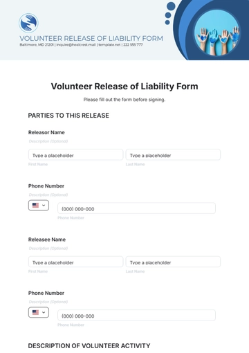 Volunteer Release of Liability Form Template - Edit Online & Download