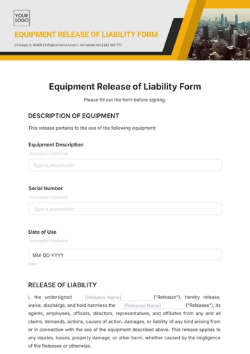 Equipment Release of Liability Form Template - Edit Online & Download