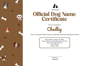 Brown Dog Name Certificate Template - Edit Online & Download