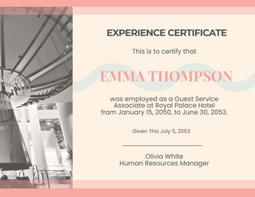 Experience Certificate for Hotels Template - Edit Online & Download