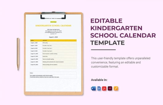 Editable Kindergarten School Calendar Template