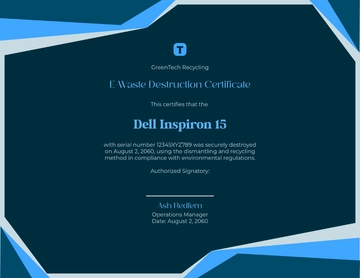 Dark Blue E-Waste Destruction Certificate Template - Edit Online & Download