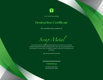 Green Scrap Metal Destruction Certificate Template - Edit Online & Download