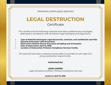 Professional Legal Destruction Certificate Template to Download