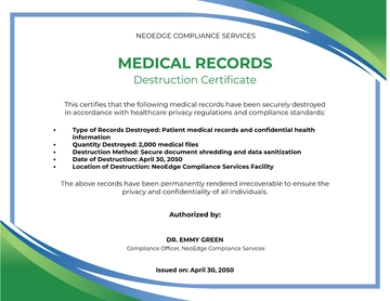 Medical Records Destruction Certificate Template to Download
