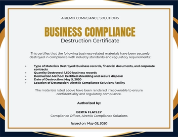 Free Business Compliance Destruction Certificate Template to Edit Online