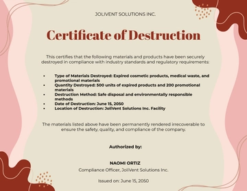 Free Aesthetic Company Certificate of Destruction Template to Edit Online