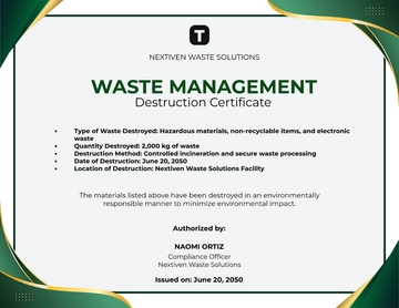 Waste Management Destruction Certificate Template to Download
