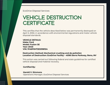 Certificate of Destruction for Vehicles Template to Download