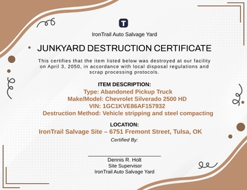 Free Brown Background Junkyard Destruction Certificate Template to Edit Online