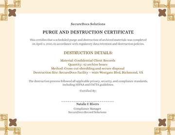 Free Creative Purge and Destruction Certificate Template to Edit Online