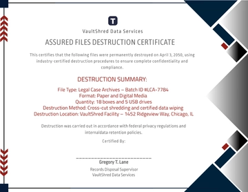 Free Assured Files Destruction Certificate Template to Edit Online