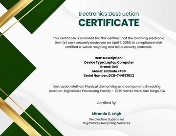Free Certificate of Destruction Template for Electronics to Edit Online
