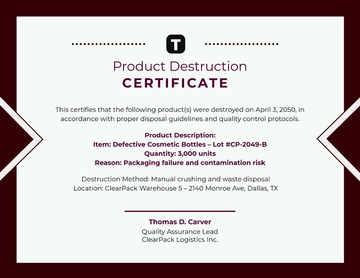 Free Simple Product Destruction Certificate Template to Edit Online