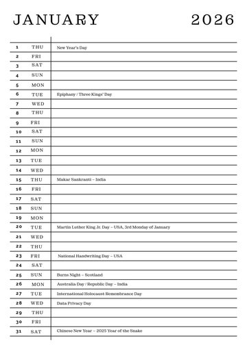 Free January 2026 Monthly Calendar Template to Edit Online