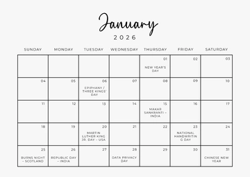Free Editable January 2026 Horizontal Calendar Template to Edit Online