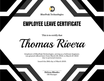 Free Black and White Leave Certificate Template to Edit Online