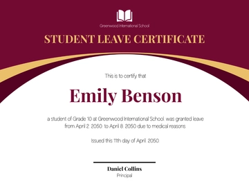 Free Students Leave Certificate Template to Edit Online