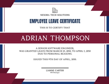 Free Professional Employee Leave Certificate Template to Edit Online