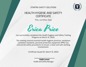 Free Professional Health Hygiene and Safety Certificate Template to Edit Online