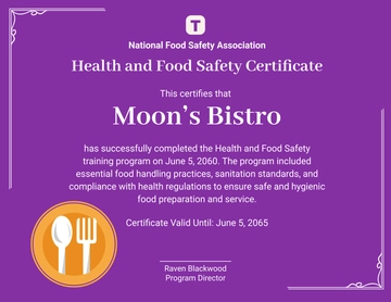 Free Purple Health and Food Safety Certificate Template to Edit Online