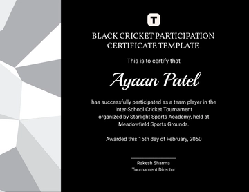 Free Black Cricket Participation Certificate Template to Edit Online