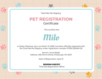 Free Aesthetic Pet Registration Certificate Template to Edit Online