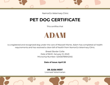 Pet Dog Certificate Template to Download