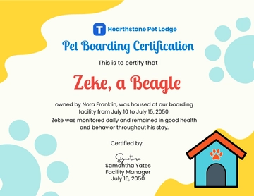 Free Pet Certificate for Boarding Template to Edit Online