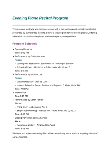 Free Blank Piano Program Notes Template to Edit Online