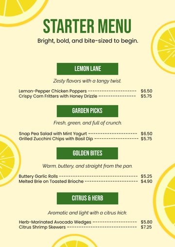 Free Green and Yellow Appetizer Starter Menu Template to Edit Online