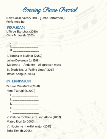 Free Blank Piano Program Notes Template to Edit Online