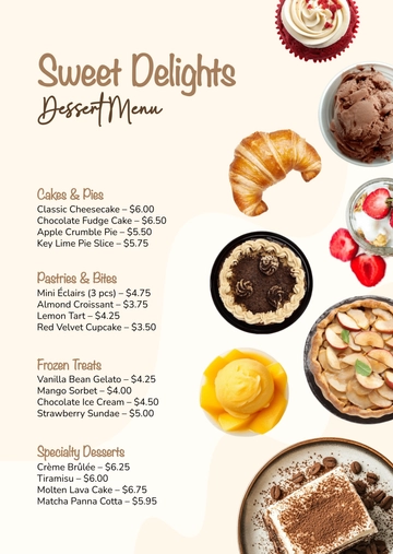 Free Professional Dessert Food Menu Template to Edit Online