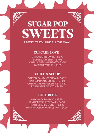 Free Cute Pink Dessert Menu Template to Edit Online