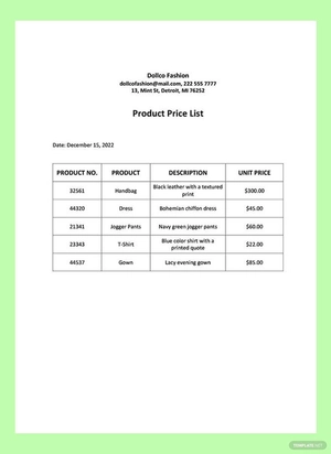 Product Price List Template